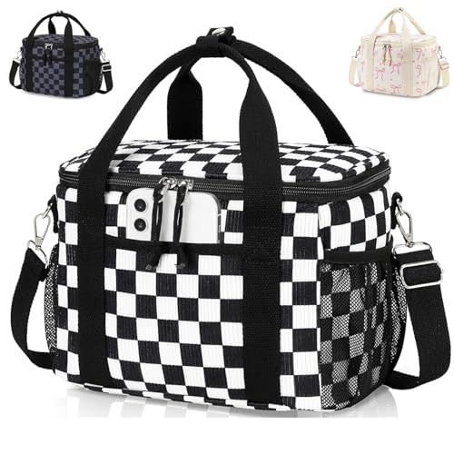 LOIDOU Lunch Box for Women Men Insulated Corduroy Lunch Bag Cooler Leakproof Reusable Adult Lunchbox Adjustable Strap lunch tote for Work Office Beach Picnic (Black White Checkered) - color: Black White Checkered