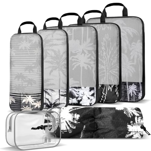 Tropical Palm Tree Travel Packing Cubes Set (7 Piece) - Essential Bag for Clothes Shoes Cosmetics Toiletry - Perfect Business Trip Accessories - color: Black-6