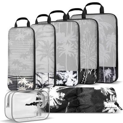 Tropical Palm Tree Travel Packing Cubes Set (7 Piece) - Essential Bag for Clothes Shoes Cosmetics Toiletry - Perfect Business Trip Accessories - color: Black-6