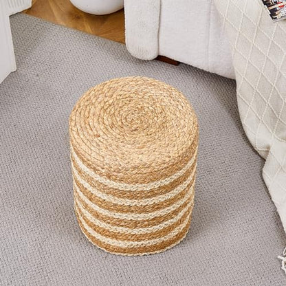 Wimarsbon Ottoman Natural Seagrass Foot Rest Stool Hand Weave Round Foot Stool Pouf Boho Vanity Stools with Non-Skid Mat for Living Room Bedroom Hallway - color: Mix White-1