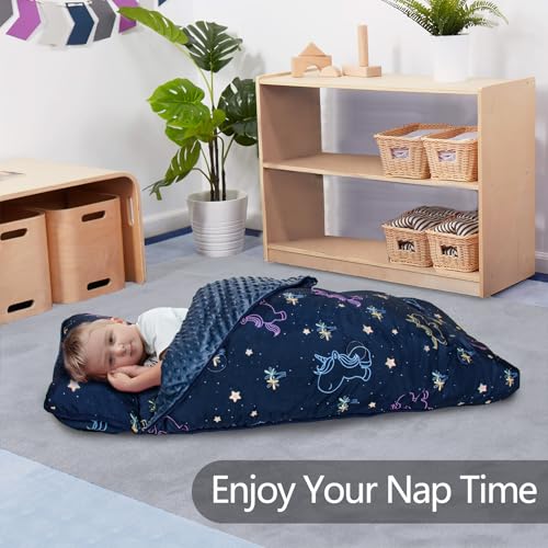 Primlect Thickened Toddler Nap Mat with Removable Pillow and Minky Blanket, Extra Large 55''x35'' Sleeping Bag, Washable, Roll up, Perfect for Daycare, Preschool, Kindergarten, Boys and Girls - color: navy blue