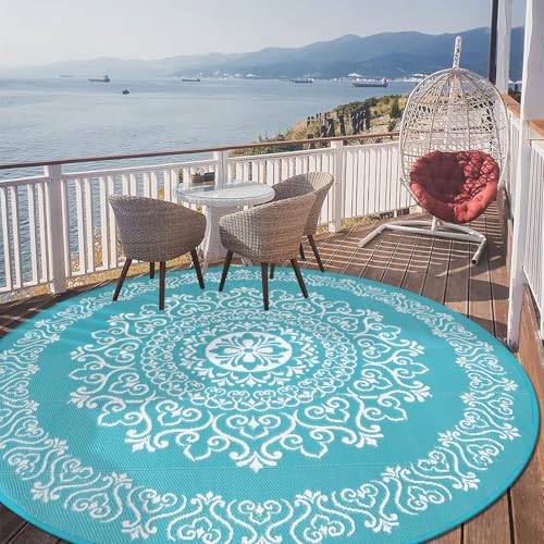 Pauwer Waterproof Outdoor Rug 8ft, Reversible Plastic Straw Patio Camping Rug, Indoor Outdoor RV Mat Carpet for Deck, Camper, Porch, Balcony, Backyard, Picnic, Floral Teal - color: Floral Teal, size: 8' (Round)