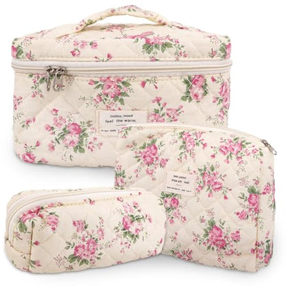 GISMTR 3Pcs Cotton Quilted Makeup Bag Large Travel Cosmetic Bag Coquette Makeup Pouch Cute Aesthetic Floral Toiletry Bag for Women Girls (flower-M) - color: flower-M