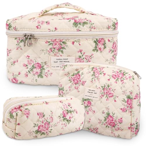 GISMTR 3Pcs Cotton Quilted Makeup Bag Large Travel Cosmetic Bag Coquette Makeup Pouch Cute Aesthetic Floral Toiletry Bag for Women Girls (flower-M) - color: flower-M