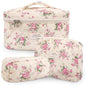 GISMTR 3Pcs Cotton Quilted Makeup Bag Large Travel Cosmetic Bag Coquette Makeup Pouch Cute Aesthetic Floral Toiletry Bag for Women Girls (flower-M) - color: flower-M