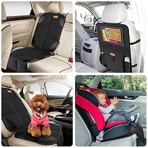 SMART ELF Non-Slip Backing Backseat Car Organizer Kick Mat with Storage Pockets, Large Waterproof Baby Car Seat Protector for Leather and Fabric (Black)