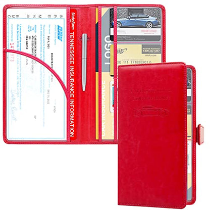 RSAquar Car Registration and Insurance Holder, Leather Car Glove Box Organizer, Cool Car Accessories for ID, Driver's License Cards & Essential Document, Men&Women, Red - color: Red