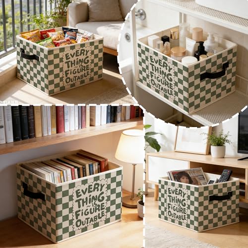 Green and White Checkered Inspirational Storage Bins Box with Handles, Everything Is Figureoutable Foldable Basket Toybox for Kids Room Nursery Playroom Bathroom Clothes Toys Books - color: color-02