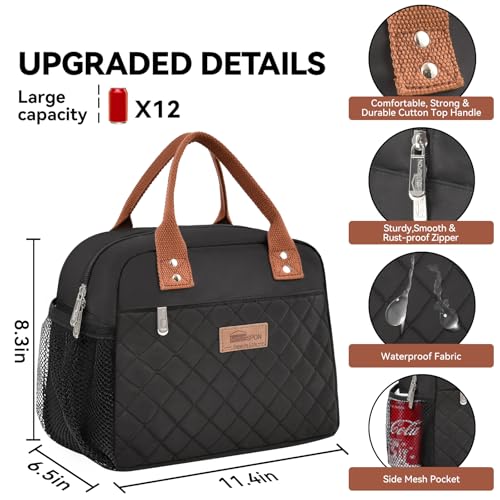 HOMESPON Insulated Lunch Bag for Women Men Adults Lunch Tote with Front Pocket Lunch Box Container Cooler Bag for Work Picnic (Black with Side Pockets) - color: Black (Side Pockets)