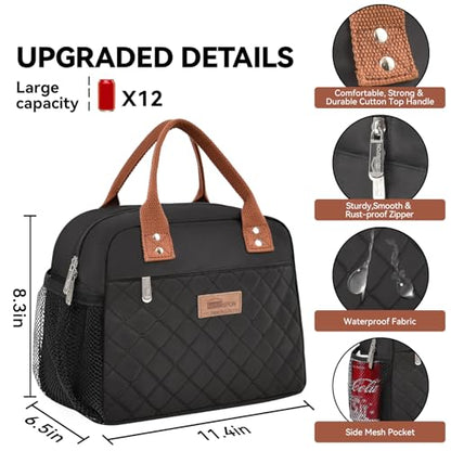 HOMESPON Insulated Lunch Bag for Women Men Adults Lunch Tote with Front Pocket Lunch Box Container Cooler Bag for Work Picnic (Black with Side Pockets) - color: Black (Side Pockets)