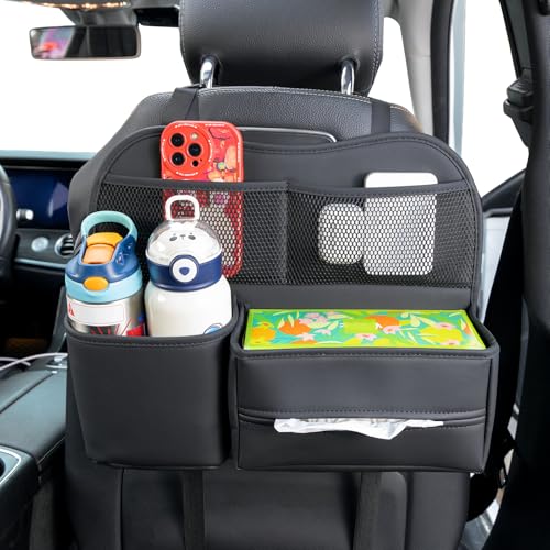 Leather Car Seat Back Organizer with Tissue Holder, Water Bottle Holder, Phone Holder for Road Trips. (Black) - color: Black