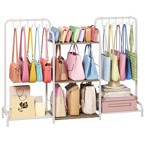 Purse Organizer with 2 Purse Hangers for Purse Storage, High-Capacity Handbag Organizer with 10 Adjustable Hooks and 3 Dividers, Purse Holder for Closet System, Purse Rack Stand for Bag Organization - color: White, size: 3-Tier XL