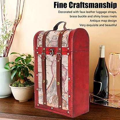 Wine Box, 2 Bottles Antique Wine Bottle Box with Lid and Handle Travel Wine Gift Box, Handmade Premium Wine Carrier Case for Home Bar Decor and Wine Collection