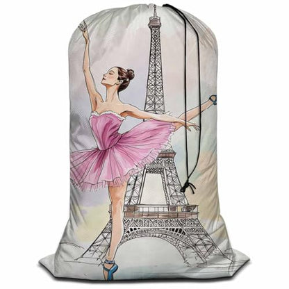 Swono Beautiful Ballerina Large Travel Laundry Bag - Washable Wet Dry Bag for Dirty Clothes - Dancer Posing on Eiffel Tower - Bathing Suit Workout Bag for Gym - color: Beautiful Ballerina