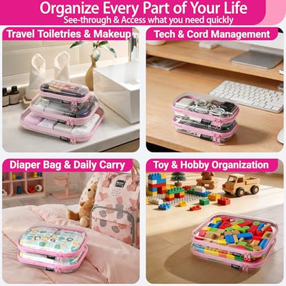YQBRAO 4-Pack Clear Hard Shell Zipper Case, 1.2mm Ultra-Thick Diaper Bag Organizer Pouches, Rigid Self-Standing Travel Makeup Bags with YKK Zippers, TSA Approved, Pink - color: Pink, size: 4 Pack(S)