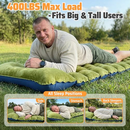Camping Sleeping Pad, 4in Extra-Thick Inflatable Sleep Mat with Built-in Foot Pump & Pillow, Compact Camp Air Mattress for Backpacking, Hiking, Tent, Car, Travel Gear - color: Crystal Velvet Green+blue Nylon