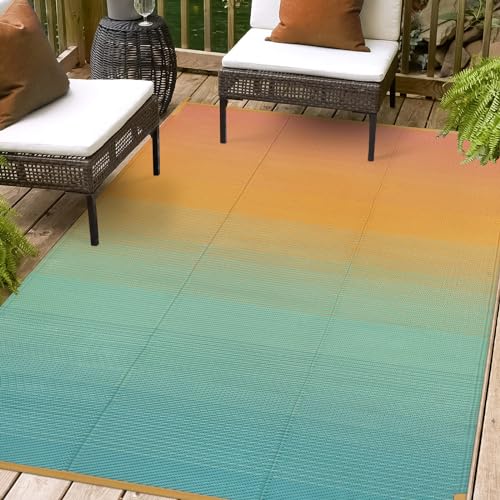 Lahome Outdoor Patio Rug Waterproof 6x9 Outside, Plastic Straw Rug Reversible Rv Mat,Large Porch Floor Carpets,Lightweight Portable Camping Carpet for Deck Balcony Tent, Blue-Orange 6x9 - color: Orange Blue-sunrise, size: 6' x 9' (Rectangular)