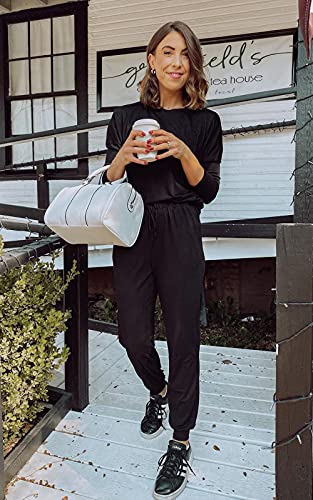 PRETTYGARDEN Women Fall 2 Piece Lounge Outfit Long Sleeve Tops High Waisted Jogger Pants Set Spring Travel Clothes Tracksuit - color: Black, size: XX-Large