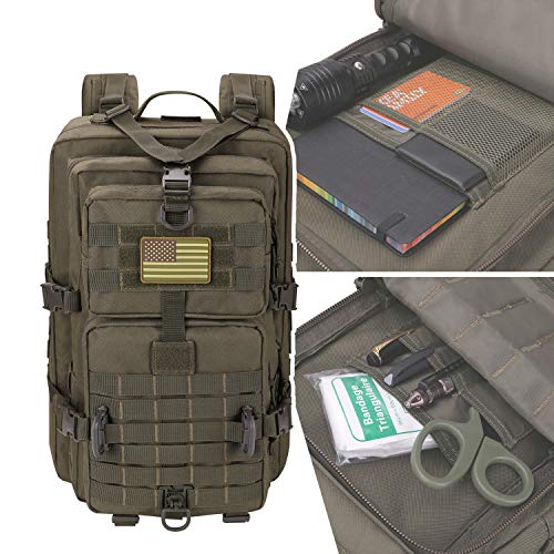 Hannibal Tactical MOLLE Assault Backpack, Tactical Backpack Military Army Camping Rucksack, 3-Day Pack Trip w/USA Flag Patch, D-Rings, Olive - color: Olive