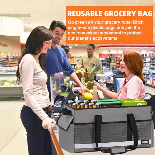 Upgrade Extra Large Utility Tote Bag with Reflective Strip, Standing Reusable Grocery Bags with Hard Bottom & 4 Sided Reinforced, Collapsible Utility Tote with Handles for Beach, Picnics, Car - color: Grey
