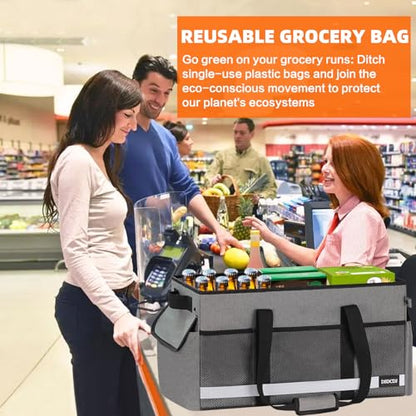 Upgrade Extra Large Utility Tote Bag with Reflective Strip, Standing Reusable Grocery Bags with Hard Bottom & 4 Sided Reinforced, Collapsible Utility Tote with Handles for Beach, Picnics, Car - color: Grey