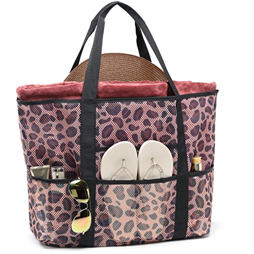 F-color Mesh Beach Bag Family - Large Tote Bag 9 Pockets for Swim Pool Toys Cruise Beach Vacation Essentials - color: Brown Leopard, size: Large with Mesh Bottom