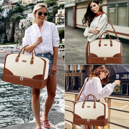 ITIEZY Weekender Overnight Bag for Women - Large Travel Duffel Bag with Shoe Compartment, Gym Duffel Bag Hospital Bag Carry On Tote Bags for Airplanes with Crossbody Bag Toiletry Bag 3Pcs Set - color: 9-Beige