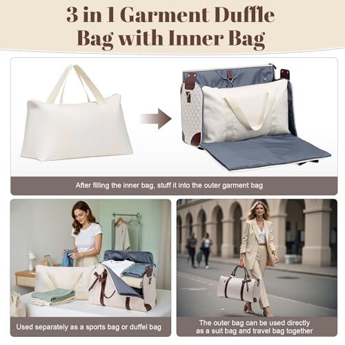 GARPROVM Garment Bags for Travel Women, 3 in 1 Convertible Garment Duffle Bags with Separated Tote Bag, Waterproof Suit Bag Travel Carry On Luggage Weekender Bag for Business Trip, Beige - color: Beige