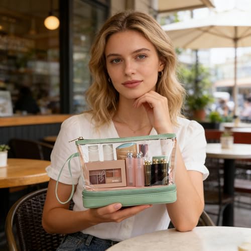 Ethereal Clear Makeup Bag, Green TSA Approved Toiletry Bag with Brushes Compartment Small Travel Make up Bags for Women - color: 08-green clear