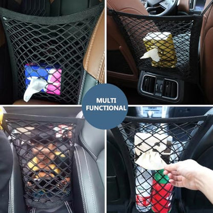 2-Layer Car Mesh Organizer, Seat Back Net Bag Stretchable Barrier of Backseat Pet Kids, Four-Side Elastic Storage Netting Pouch Cargo Tissue Purse Holder Between Front Seats - color: 2-Layer Four-Side