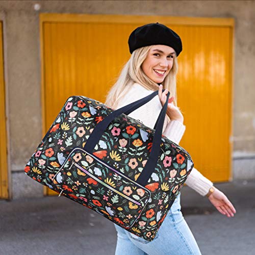 Travel Foldable Waterproof Duffel Bag - Lightweight Carry on Luggage Tote Duffel Bag(Black Floral) - color: Black Floral