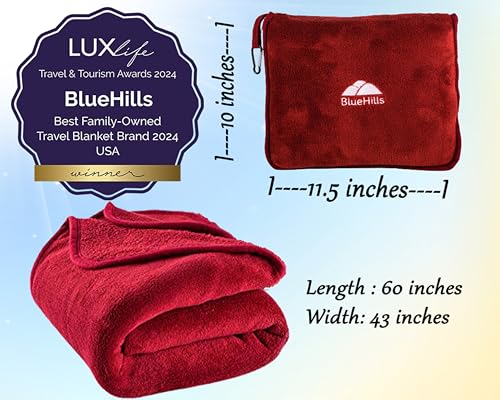 BlueHills Premium Soft Travel Blanket Pillow Airplane Blanket Packed in Soft Bag Pillowcase with Hand Luggage Belt and Backpack Clip Compact Large Long Flights Traveler Essentials Lightweight Red T001 - color: Red-1pk-t001