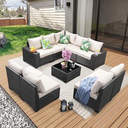 JOYURE 10 Pieces Patio Furniture Set All-Weather Outdoor Wicker Sectional Conversation Sofa Rattan Patio Seating Sofa with Cushion and Glass Table for Porch Poolside,Beige - color: Beige, size: 10 pieces set