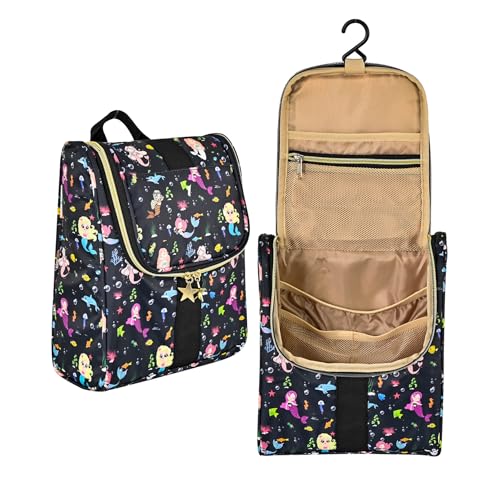 Remobia Hicol Cute Cartoon Hanging Kids Toiletry Bag Children Travel Cosmetic Makeup Organizer Wash Bag Shower bag Over Night Bag Camping Shaving Kit Bag for Boys & Girls (Mermaid Black) - color: Mermaid Black