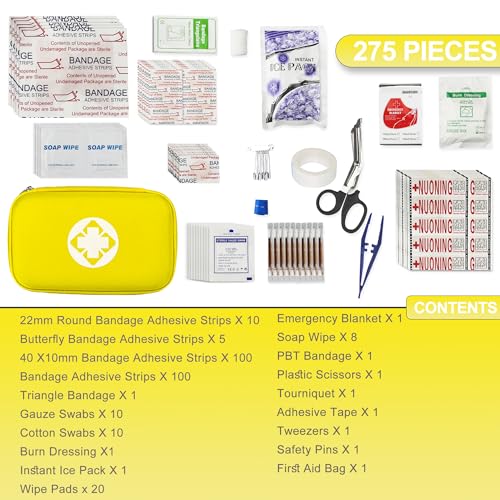 First Aid Kit Car Home Emergency Essential Kits - 277Pcs Basic Hiking Supplies Survival Gear First Aid Set Camping Backpacking Sports Yellow YIDERBO - style: 275Pcs-Yellow