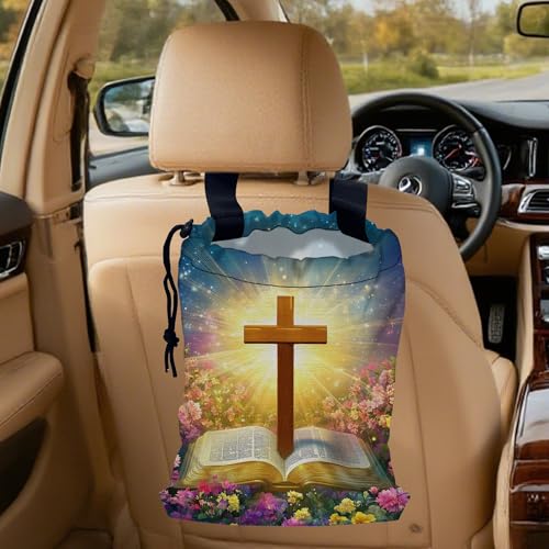 Glowing Bible Cross Car Trash Bag,Colorful Flowers Strap Drawstring Car Garbage Bags,Car Back Seat Organizer with Adjustable Buckle for Car Accessories - color: Glowing Bible Cross