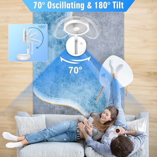 Portable Foldable Rechargeable Oscillating Fan - 8.6" 8000mah Battery Operated USB C Small Fan with Remote Quiet Table Desk Fan Folding Standing Pedestal Fan for Bedroom Rome Office Camping Travel - color: white