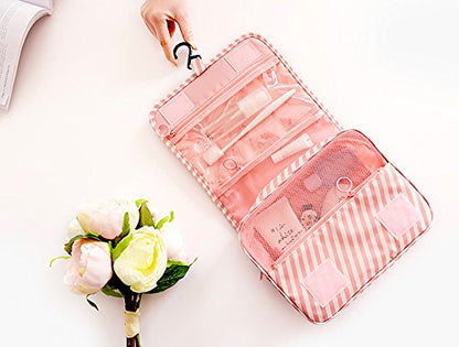 Mossio Hanging Toiletry Bag - Large Cosmetic Makeup Travel Organizer for Men & Women with Sturdy Hook - color: Pink Striped