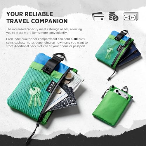 VULKIT RFID Blocking Travel Wallet for Men Women, Water Resistant Passport & Phone Holder with Detachable Lanyard and Key Ring, Lightweight Zipper Travel Wallet - color: Green