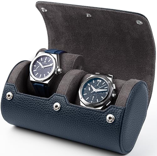 2 Watch Travel Case for Men – Leather Roll Organizer & Storage Box, Fits Watches up to 55mm | Removable Cushions | Gift Ready (Midnight Navy/Charcoal Grey) - color: Midnight Navy / Charcoal Grey