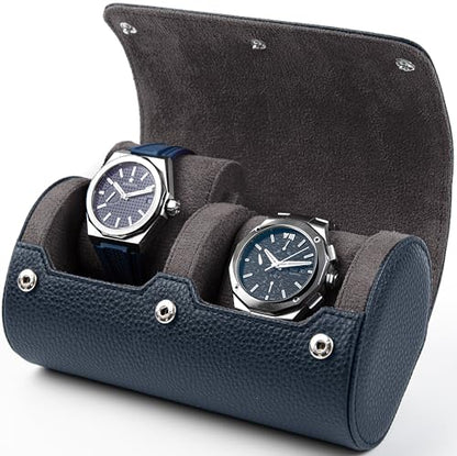 2 Watch Travel Case for Men – Leather Roll Organizer & Storage Box, Fits Watches up to 55mm | Removable Cushions | Gift Ready (Midnight Navy/Charcoal Grey) - color: Midnight Navy / Charcoal Grey
