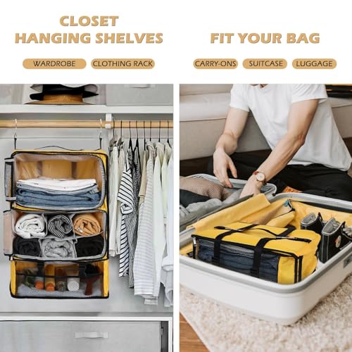 Surblue Hanging Shelves Travel Compression Packing Cube for Carry-on Luggage Suitcase Collapsible Transformable Garment Closet Organizers Large Capacity, Yellow, XXL - color: Yellow, size: XXL_14.96*11.47*22.83in