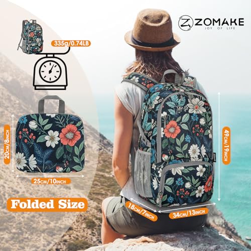 ZOMAKE Lightweight Packable Backpack 30L, Foldable Hiking Backpacks Water Resistant Compact Folding Daypack for Travel(Navy blue,Floral pattern) - color: Navy Blue,floral Pattern