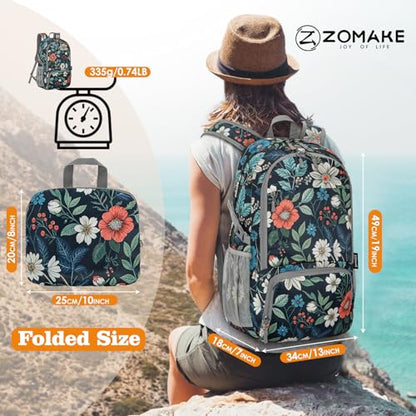 ZOMAKE Lightweight Packable Backpack 30L, Foldable Hiking Backpacks Water Resistant Compact Folding Daypack for Travel(Navy blue,Floral pattern) - color: Navy Blue,floral Pattern