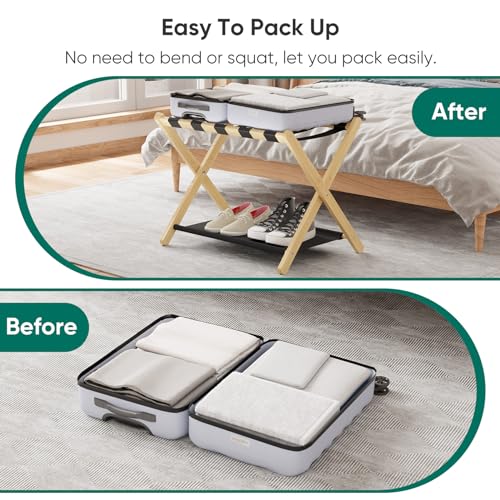 Smuxee Natural Bamboo Luggage Rack for Guest Room, Foldable Suitcase Stand with Storage Shelf, Easily Assembled Luggage Stand with 5 Nylon Straps for Guest Room Bedroom Hotel - color: Natural 1PCS