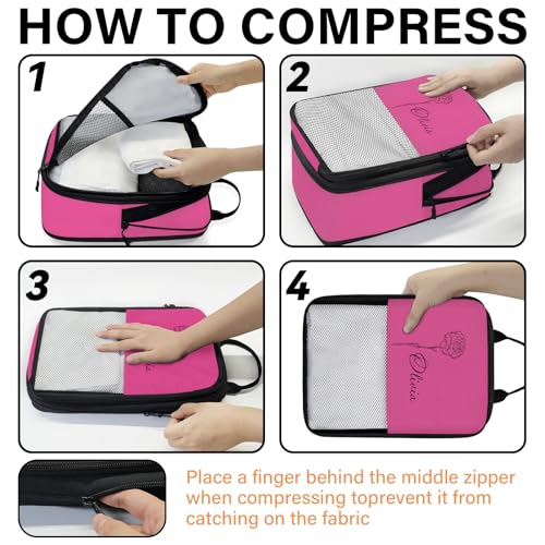 Custom 6 Set Compression Packing Cubes for Travel, Personalized Lightweight Luggage Organizer Bags with Name & Birth Flower, Expandable Large Expandable Packing Organizer, Hot Pink - color: Hot Pink