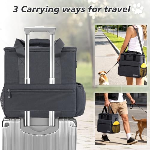 Dog Travel Bag, Large Pet Travel Set with Multi-Function Pockets, 2 Food Storage Containers, 2 Collapsible Bowls, 1 Feeding Mat for Pet Supplies, Road Trip Essentials, Weekend Camping (Black) - color: Obsidian Black