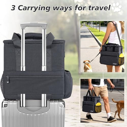 Dog Travel Bag, Large Pet Travel Set with Multi-Function Pockets, 2 Food Storage Containers, 2 Collapsible Bowls, 1 Feeding Mat for Pet Supplies, Road Trip Essentials, Weekend Camping (Black) - color: Obsidian Black