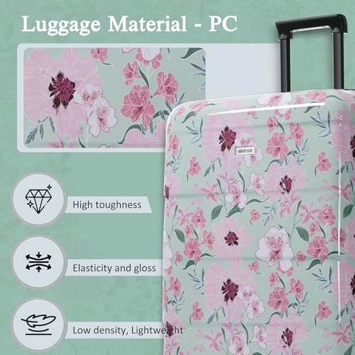 Merax Luggage Set,5 Piece Luggage with Handbag and Cosmetic Case,Harside Printing Suitcase with Wheels,Carry on Luggage Airline Approved(Green Pink Flower,8/14/20/24/28) - color: Green Pink Flower, style: 8/14/20/24/28