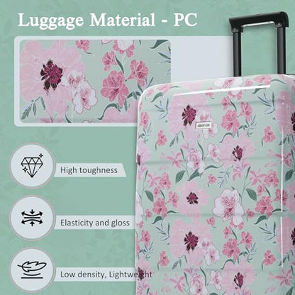 Merax Luggage Set,5 Piece Luggage with Handbag and Cosmetic Case,Harside Printing Suitcase with Wheels,Carry on Luggage Airline Approved(Green Pink Flower,8/14/20/24/28) - color: Green Pink Flower, style: 8/14/20/24/28